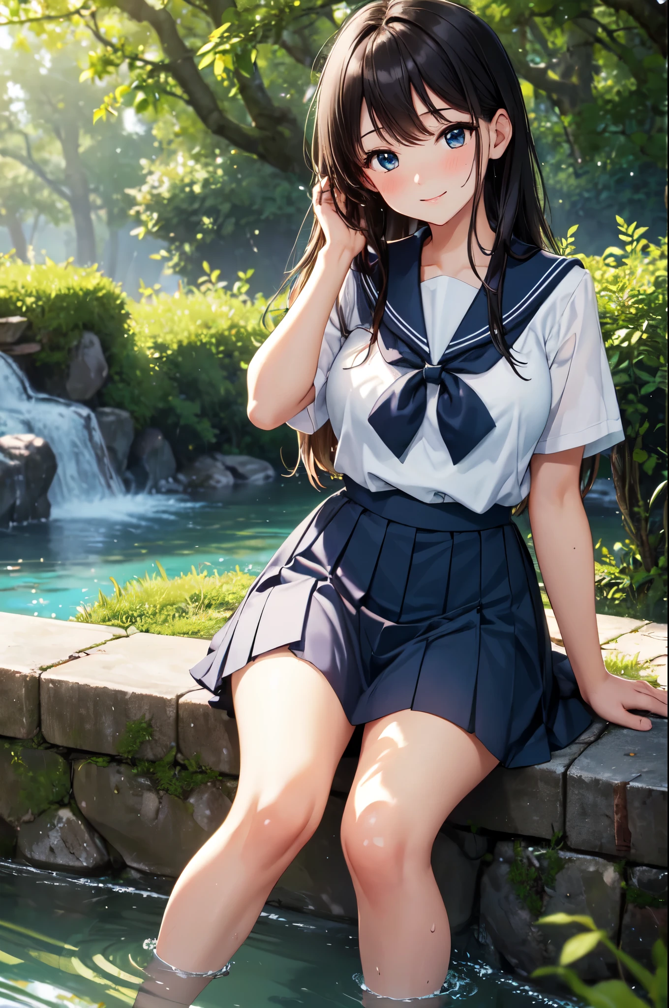 nsfw,(after ????),(((perfect ???????,realistic:1.3,RAW Photography:1.3,masterpiece、highest quality、Ultra - High resolution、High resolution、Highly detailed CG、8K))),cowboy shot,1 female,solo,18-year-old、High school girl swordsman、18-year-oldの美少女,Japanese,((beautiful detailed face and eyes:1.3,big gorgeous eyes:1.5,gray eyes,crying)),black hair,long bob hair,(center parted hair,forehead),(medium breasts,slender body,small head:1.3,skinny),((oily skin)),(gleaming skin,shiny skin),((???????:1.7)),((School uniform、Sailor suit、Short sleeve、Black sailor collar、Red neckerchief、Wet clothes:1.7,pleated black miniskirt,vagin,????????,Bare legs、barefoot),(sweat:1.7),lying,on back,spread legs:1.5,Pool、Outdoor、