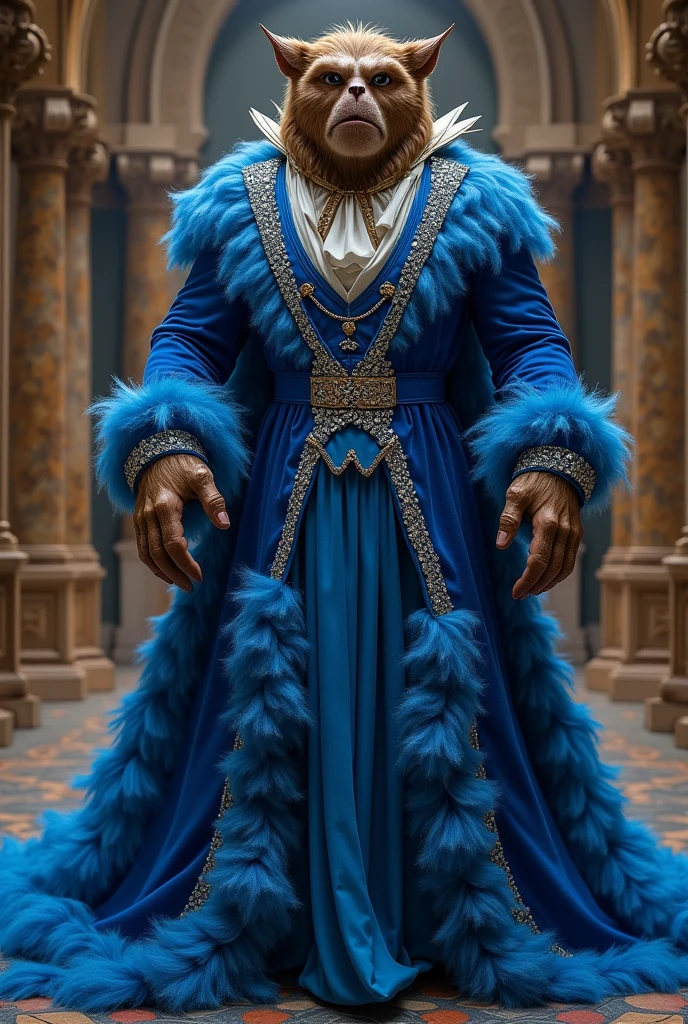 Create beast costume from Beauty and Beast with ruffles and rhinestones blue long coat 