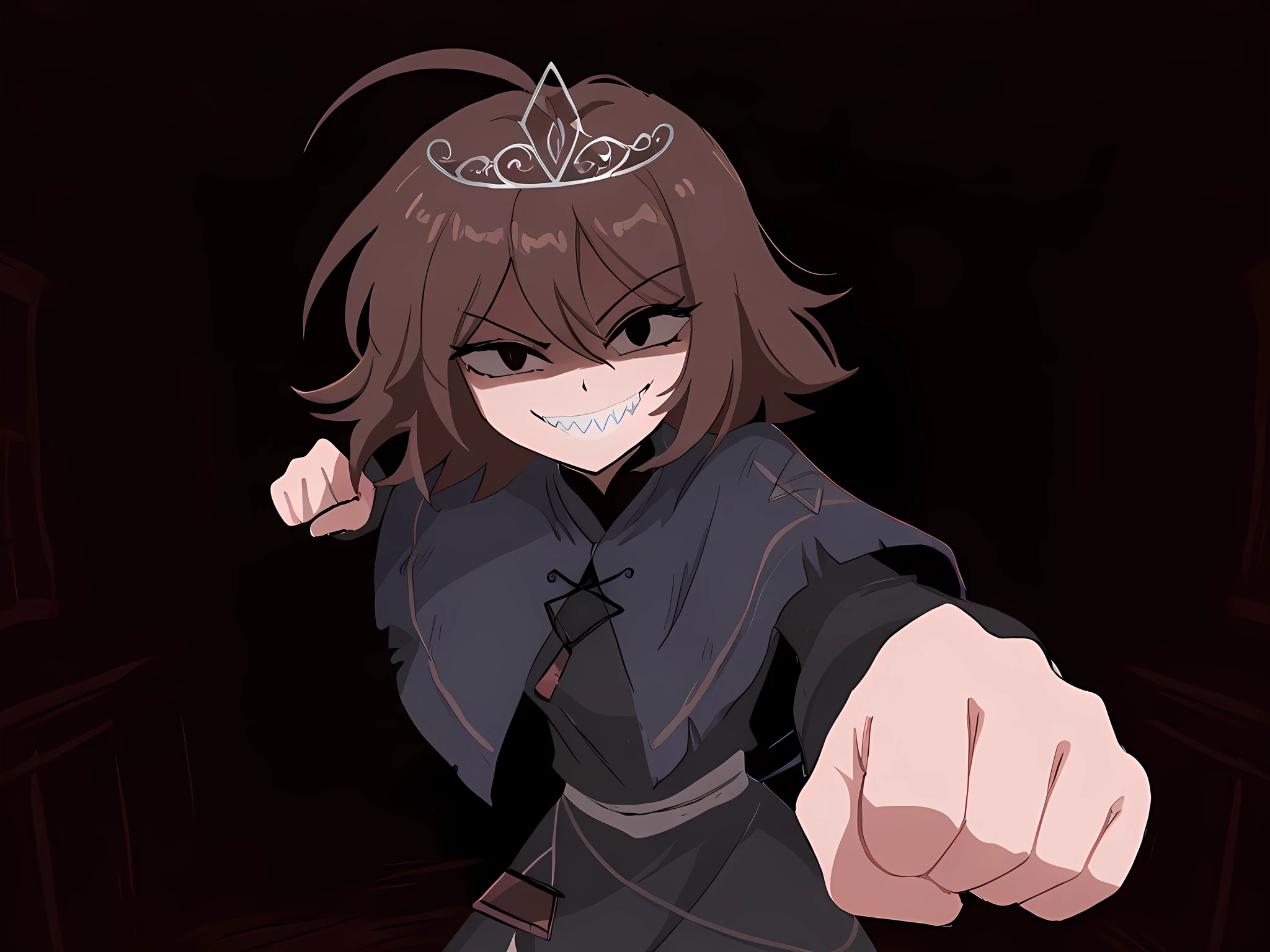 masterpiece, best quality, amazing quality, very aesthetic, absurdres, newest, scenery, IncrsPunchMeme, incoming punch, AliceFPE, 1girl, solo, medium hair, brown hair, tiara, black eyes, smile, sharp teeth, capelet, dark room, looking at viewer,