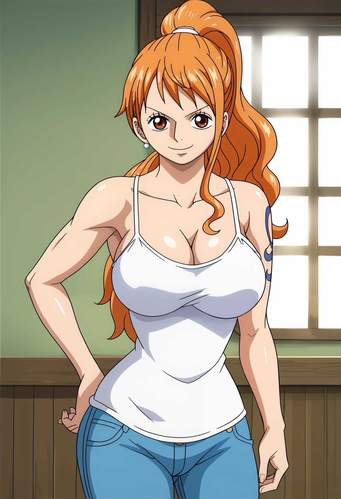 score_9_up, best quality, cowboy shot, anime_source, anime style, (SOLO:1.7), 1girl, Nami, orange hair, (white comesole:1.6), morning, (ponytail:1.7), (serious smile:1.3), (curvy body:0.7),), (slightly looking at the viewer:1.2) (Medium breasts:1.5), jeans, (tiny biceps:1.8)