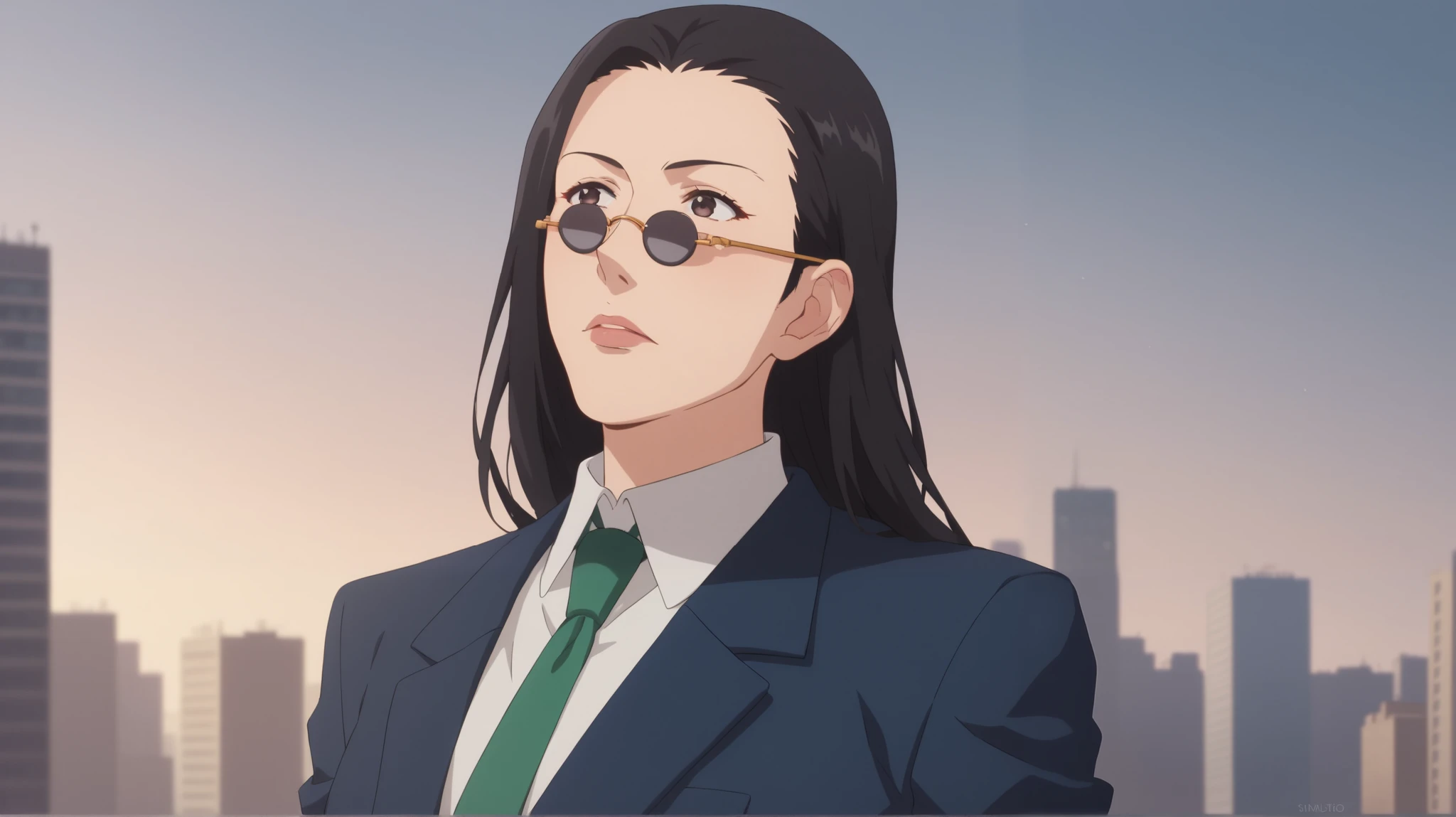 score_9, score_8_up, score_7_up, source_anime,anime color, Female version Leorio, female focus, medium breast, 1girl, solo,sunglasses, black hair, long hair, suit, green tie, upper body, city background
