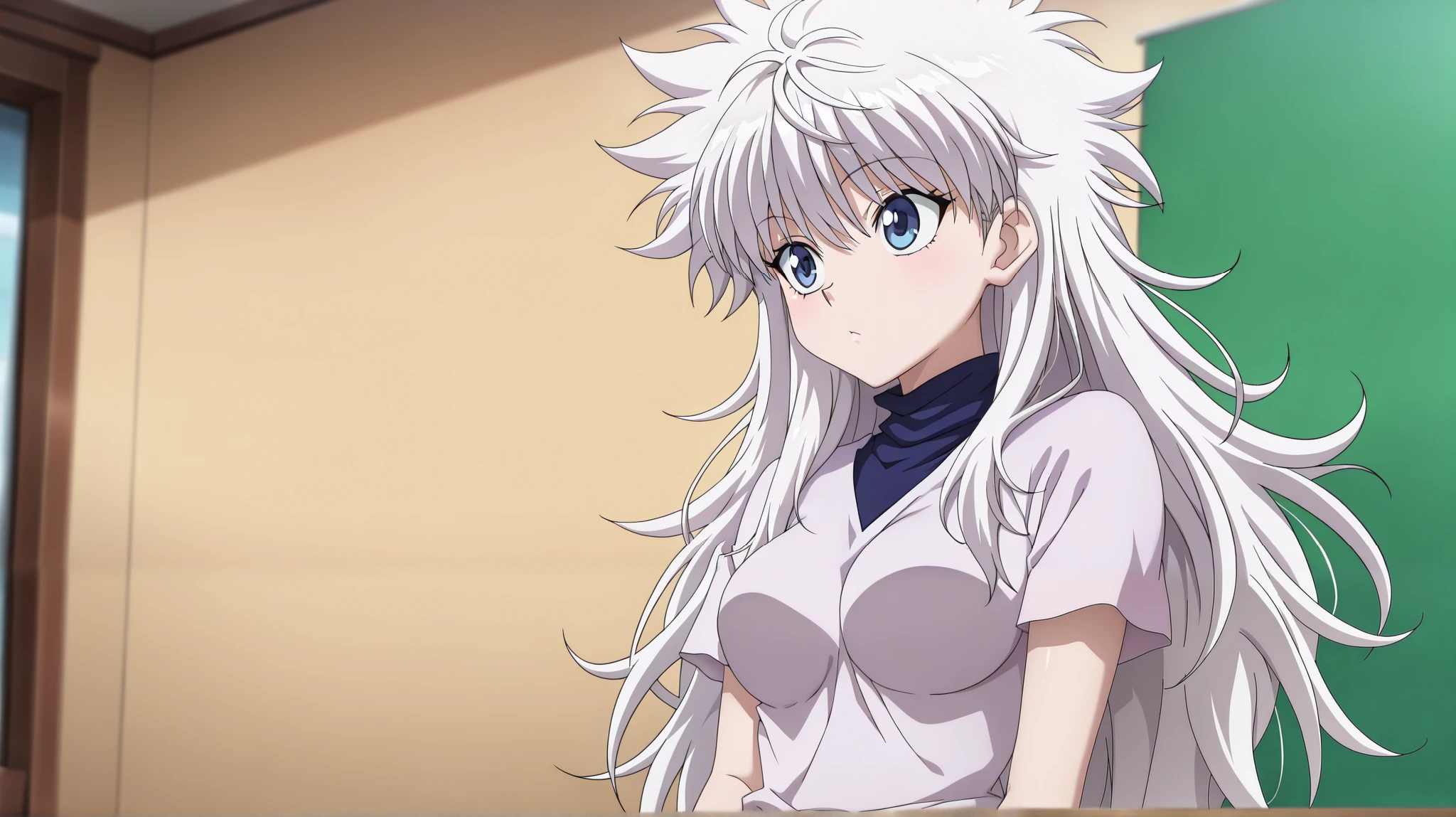 masterpiece, best quality, , anime screencap, anime coloring, , , , 1girl, solo, female focus, female version killua_zoldyck, white hair, blue eyes, ((long hair)),, bangs, messy hair, medium breasts, cowboy shot,upper body