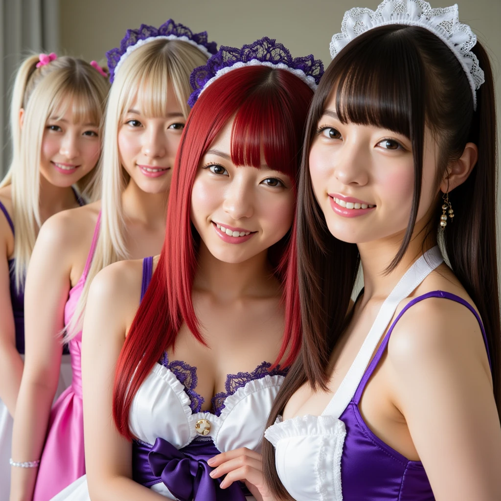 Four Asian women are holding hands and taking a photo, oppai, sakimichan hdri, POV, japanese facial features, Japanese, Brilliant, masutepiece!!, けもの, japanese maid cafe, 4K], 4 k ], Hey, Open V chest clothes, masutepiece!, Asian Women, beginner, my pov, , ((((Real:1.3)))), a small face, Cute little girl s,top-quality、hightquality、Extreme Detail Photography、Eye for extreme detail、Super Detail Face、Hair in super detail、Super detail body、8K, Raw photography, Masterpieces, high definition RAW color photos professional close-up photos, Realistic, Photorealism , Highest Quality, perfect anatomia ,the background is blurred , physically-based renderingt、Hi-Res, NSFW, perfect leg、Perfect fingers、perfect hand、Perfect body、The beauty of symmetry、Clean symmetry、Beautiful teeth、Beautiful teeth alignment、Japan Person Model、Perfect face,Cute, Cowboy Shot , Professional Lighting、a japanese girl,Slim Faces、、8K、​masterpiece、Natural makeup、lipgloss、exposed breast、Open crotch、enchanting posture, Crotch panties exposed、Transparent panties、
