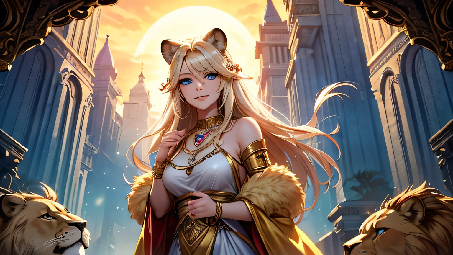 anime key visual,1 girl, princess, looking at camera, soft black long hair, kawaii, white skin, soft shading, masterpiece, best quality, girl riding on a lion, <lora:riding_on_a:0.7>