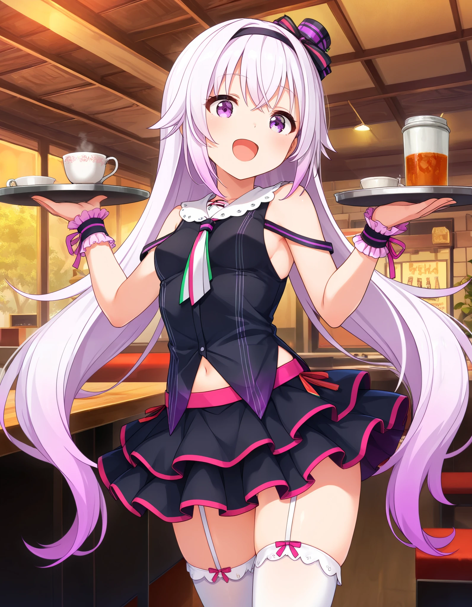masterpiece, Highest quality, very aesthetic, Absard Dress, 1 girl, Caropino , smile, open your mouth, (pino1st ), hair band, mini top hat, tie, black shirt, wrist cuffs , Ruffle Skirt, white garter strap with a pose, WHITE THIGH HIGH SOCKS, standing, Park 、 breast bulge、Restaurant、Drinking tea