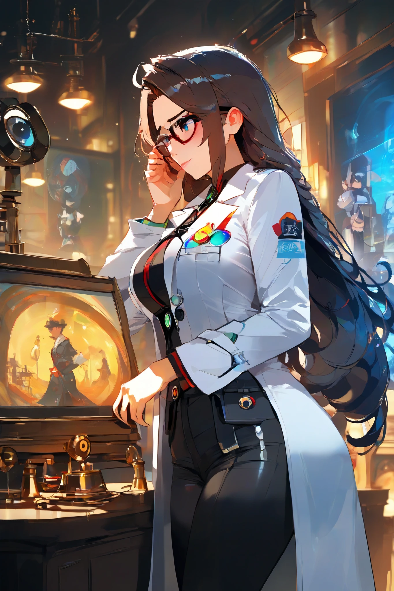 glasses, lab coat, black pants, big breasts, passion , is shy, Masterpiece
