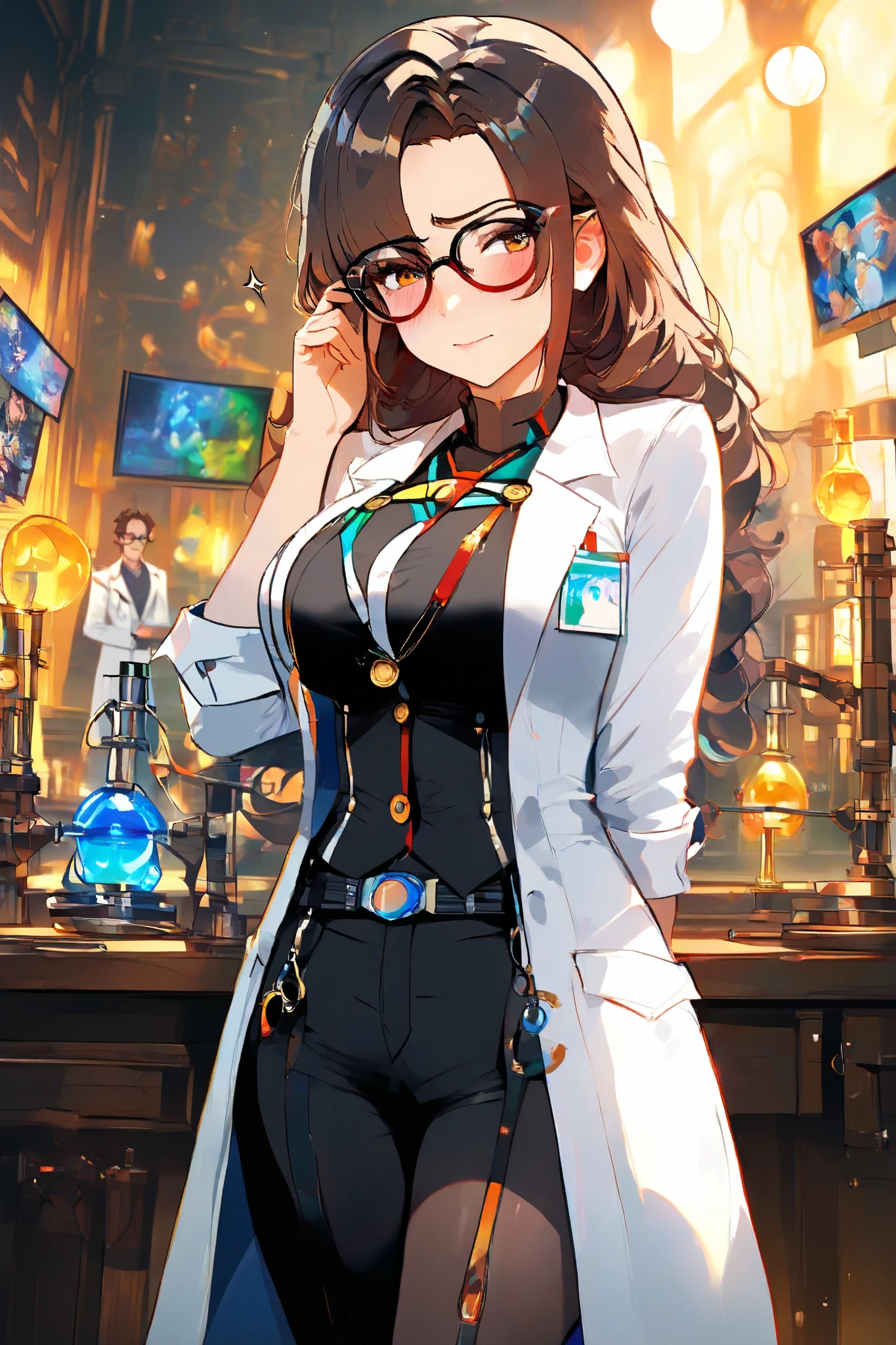 glasses, lab coat, black pants, big breasts, passion , is shy, Masterpiece