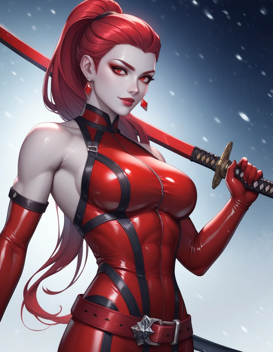 ((Scarlet from mortal kombat series))(she has big glowing eyes)(red lips) (long straight red hair)(tanned skin)((very huge breasts)) (perfect slim body) (she wears red outfit, long red gloves long red stockings) (hold on hand small katana) (she is outside a dark temple) (high definition, volumetric lights and dinamic shadows)((masterpiece))(8k)(perfect face)(ultra details) (perfect hands, eyes, and face)