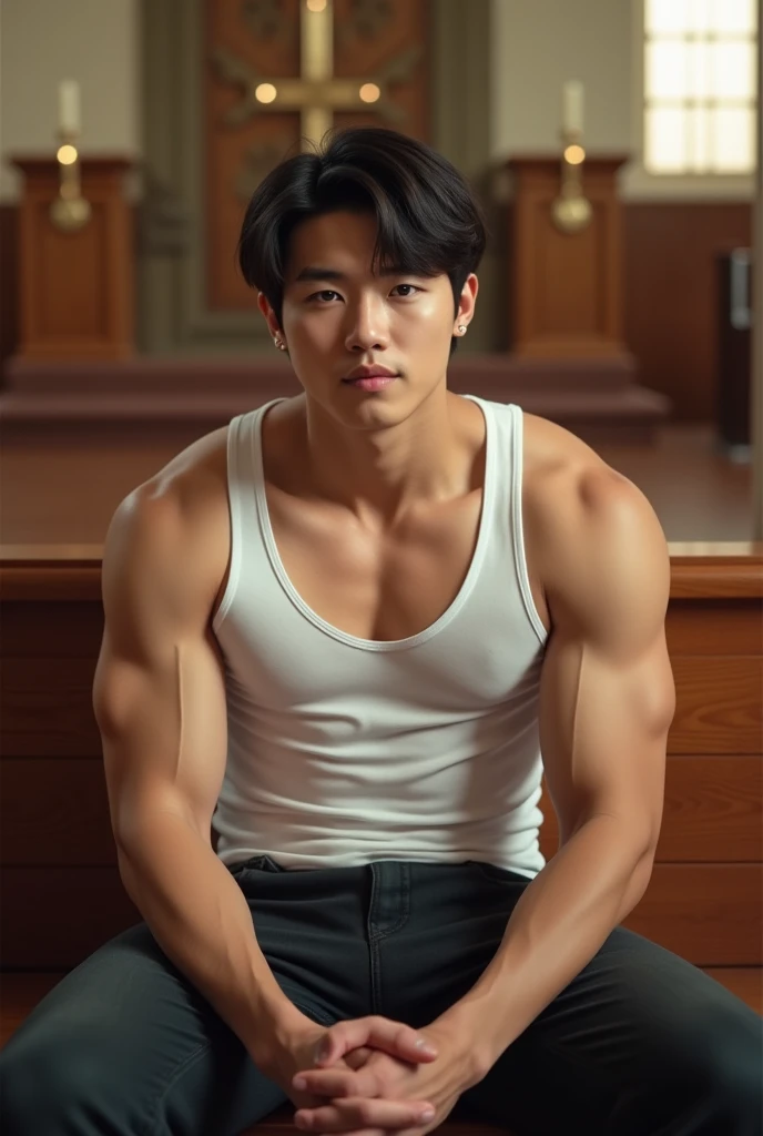 25 year old Korean muscular boy with short brown hair, shirtless, half body shot, head to thighs
