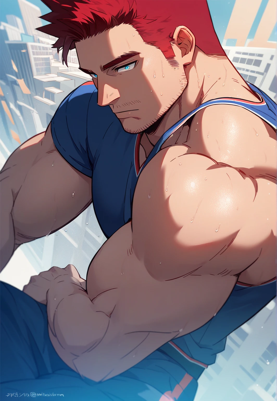 Double，Show your thick arms to the audience，closeup of arms，Thick arms，（masterpiece，best quality，H），1 person，Nude boy，Very shy，My face turned red，Shy，muscular，Delicateeyes，nude，(nude)，blue eyes，Shirtless，Body，Blue purple short hair，（fluorescent lamp），（a color），（（Blue Background）），Shorts with white stripes，White textured socks，