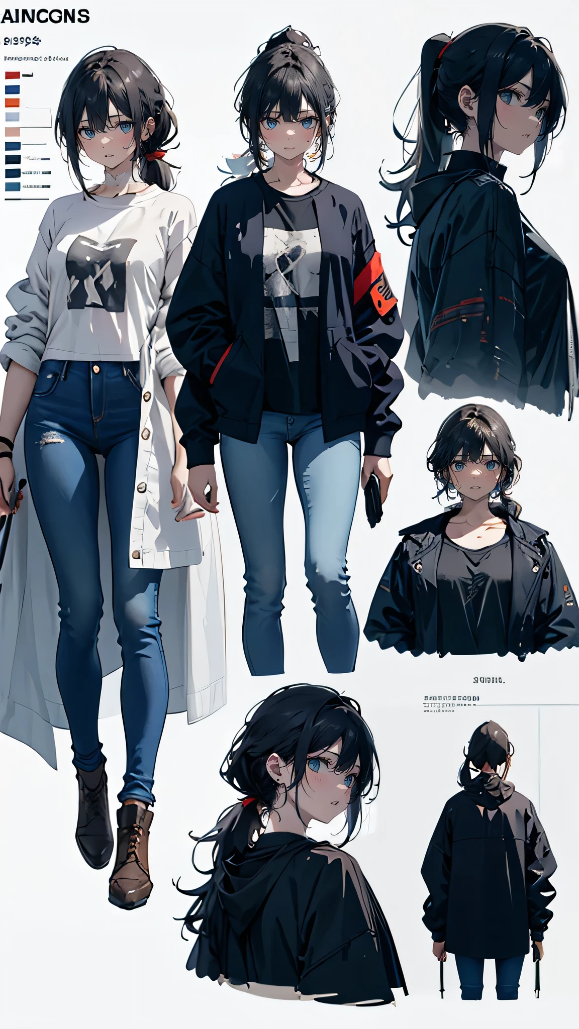 anime character sheet, full body illustration, a girl with a cautious but determined look, shoulder-length black hair tied into a messy ponytail, a few loose strands framing her face, casual jacket over a fitted t-shirt, jeans, small flashlight strapped to her wrist, intelligent and brave gaze with a slight glimmer of fear, carrying a small notebook for observations, dark background with eerie shadows, realistic, mysterious, slightly unsettling, cinematic lighting, multiple views and expressions, detailed full-body character concept