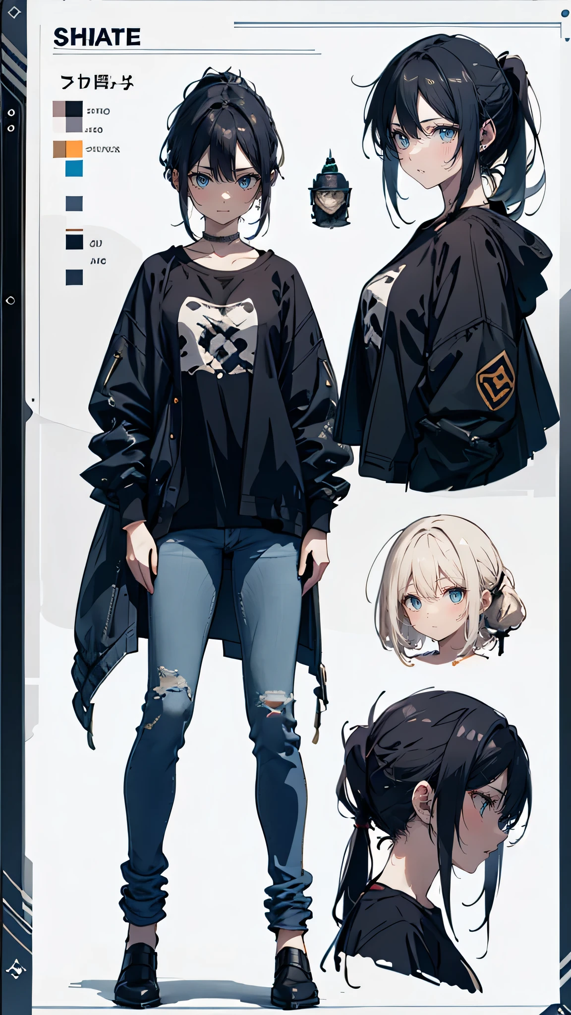 anime character sheet, full body illustration, a girl with a cautious but determined look, shoulder-length black hair tied into a messy ponytail, a few loose strands framing her face, casual jacket over a fitted t-shirt, jeans, small flashlight strapped to her wrist, intelligent and brave gaze with a slight glimmer of fear, carrying a small notebook for observations, dark background with eerie shadows, realistic, mysterious, slightly unsettling, cinematic lighting, multiple views and expressions, detailed full-body character concept