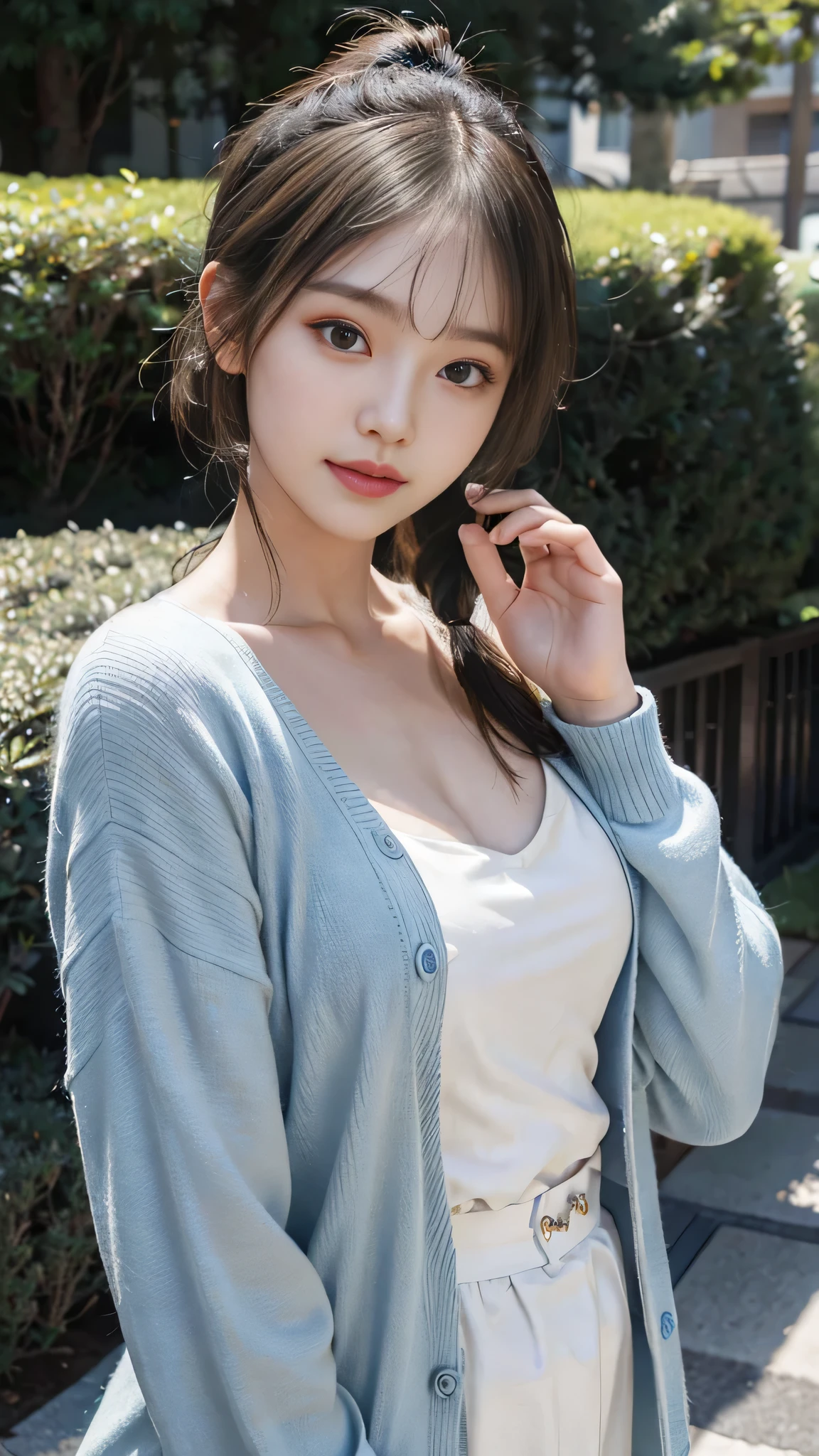 smile、night、Raw photo、(((ultimate beauty portrait)))、((glowing skin))、1 girl、15 year old beautiful girl from Prague、bright look、((brown hair))、(cleavage)、(flare skirt:1.5)、((Big eyes that shine like jewels))、open cardigan、open your clothes、pantyhose、Glossy and glossy skin、(medium hair)、(silky ponytail hair)、(standing)、(from below)、under the skirt、(from below下着の接写)、eyeliner、beautiful bangs、hair between eyes、((masterpiece、最high quality、super detailed、film light、intricate details、High resolution、very detailed))、detailed background、8KUHD、Digital single-lens reflex camera、soft light、high quality、film grain、Fujifilm XT3 、shallow depth of field、natural soft light、Kamimei、rich bust