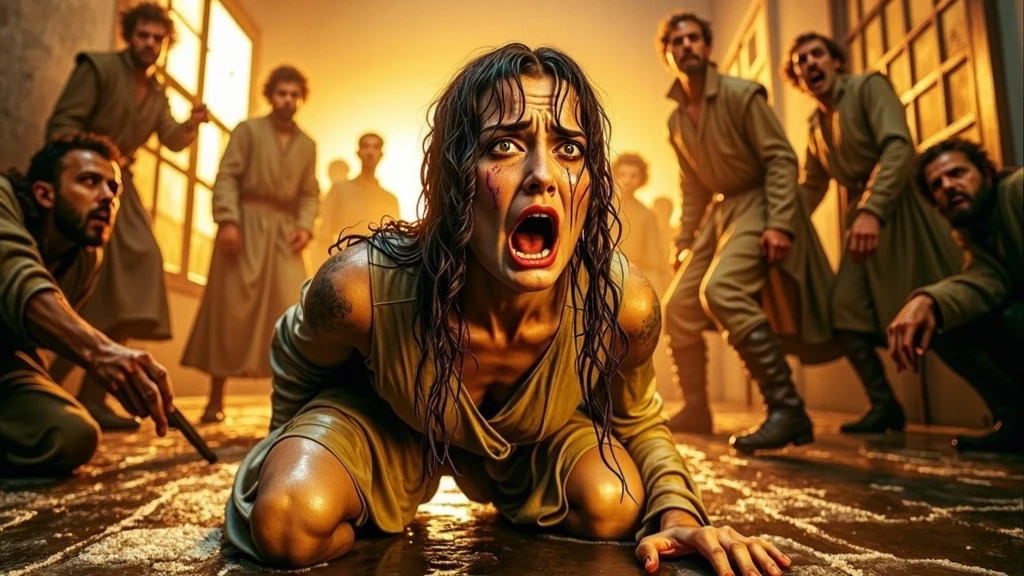 a woman is crawling in the rain in front of a group of people, batismo maligno, encharcado, Horror film, editado, sagrado, Horror Filme, biblical epic Filme, por Darek Zabrocki, vencedor do Oscar, Description, Horror, rio sangrento no inferno, Filme, ana de armas as joan of arc, por Micha Klein, Arte impressionante, cult Horror