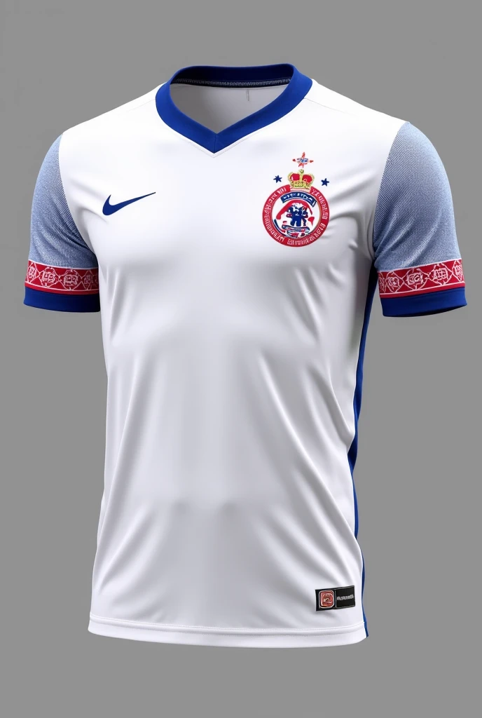 Make a beautiful soccer uniform, marvelous. The shorts are in navy blue and the t-shirt is in white with details in gold and navy blue. Create another model, mais bonito