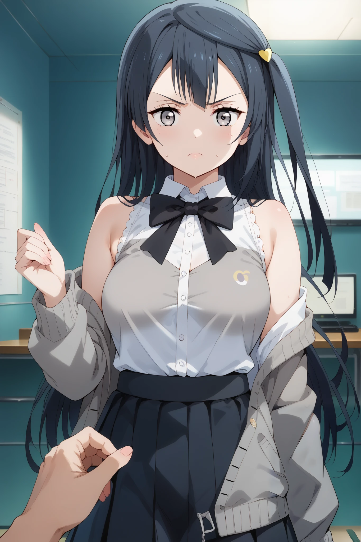 score_9, score_8_up, score_7_up, source_anime, 4K,perfect fingers,(perfect hands, perfect anatomy),prefect lighting, very aesthetic, intricate details,highly detailed background, masterpiece, high quality, best quality,
1girl, setsuna yuuki, yuuki setsuna (love live!), long hair, bangs, black hair, sidelocks, grey eyes, one side up, hair ornament, Large Breast,,
wearing ((black bowtie,white shirt,sleeveless, off shoulder, grey cardigan, open clothes,sleeves past wrists, black skirt, )),,
looking at viewer, (cowboy shot:1.5),armpits,arm up, (angry), pov, (perfect hands, perfect anatomy),