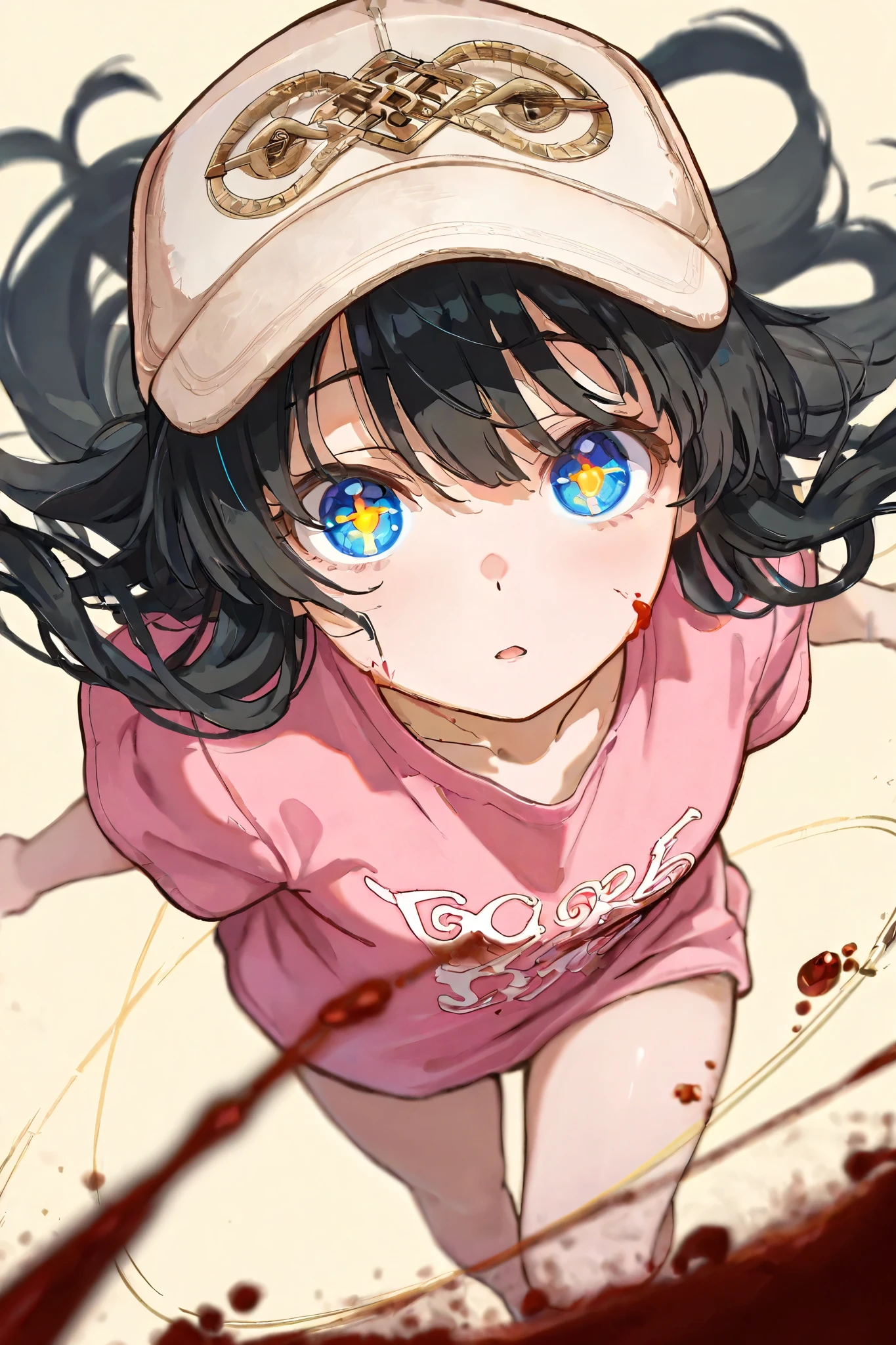 balck hair, from above, aerial view, 1 girl, hat, reverse, cross shaped pupils, extreme view, looking at viewer, foreshortening, depth of field, simple background, blood, blue eyes, yellow pupils, cute, Pink T-shirt, golden ratio, golden spiral, details, masterpiece, high quality,