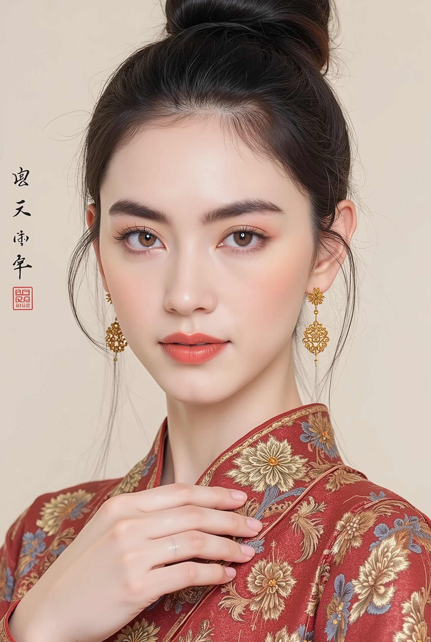 (masterpiece), Chinese brush painting, breathtaking ancient woman, (priest dress), (elegant full body pose), (frontal view), highlighted intricate details, vibrant ink strokes, harmonious color palette, showcasing grace and beauty, winning award quality, (symmetric face), (symmetric body), ultra-detailed, 8K resolution, capturing cultural essence in exquisite artistry, serene and enchanting ambiance.
