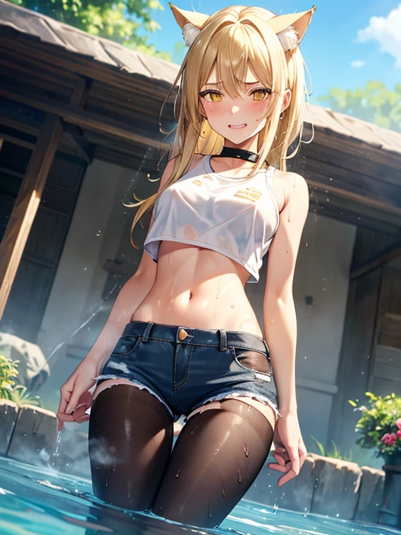 Girl Doll,Solitary,rest,The zipper is not closed,Blonde,elegant,Pointed ears,whole body,Chinese element pattern,thigh,Leaking thigh,full,camisole,short denim shorts,stocking,leggings,(Brushstrokes,Impressionism,painting,Rich scenery),Disheveled,Chest contour,(((Wet clothing))),(((Ultra-thin clothing))),((Flesh outline)),Grinning