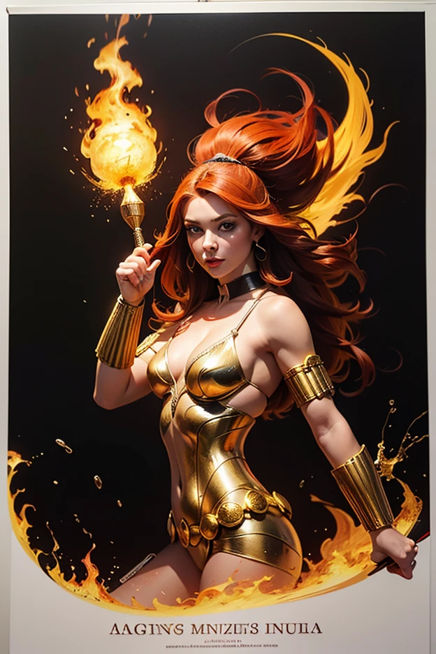 This is realistic fantasy art featuring realistic fire, Includes flame thread, Burning hot embers, A faint swirl of smoke, And beautiful fire druids. The Druid stood in the midst of the fierce flames、It creates an interesting composition。. she face is expertly sculpted, Elegant and sophisticated features with perfect shading and realistic skin texture. she (Orange and gold eyes) It's wonderful.、It is the focus of this image. (she eyes extremely detailed, Beautiful fine details, macro). she eyes feature intricate detailing with clearly defined irises and bright sclera. she soft lips are smooth and very puffy, sheの肌は淡い紅潮と華麗な炎の模様で飾られている. she long gown is stunning and expensive, Made of pure flame and brilliant light, 火の光の中できらめく華やかな宝stone. she billowing gown glitters from the flames and features a delicately and intricately embroidered bodice with wisps of flames running across it. Include fantasy elements such as bumps, stone, Fiery Iris, Burning embers, silk, And an interesting background. Include fiery magical creatures such as the flame bird and the flame butterfly that give off a magical and mystical aura. Lighting: Enhance your artwork with the latest lighting trends. camera: Use dynamic composition to create tension and excitement. Take inspiration from current masters of the fantasy genre, Including popular artists on Artstation and Midjourney. ((masterpiece))