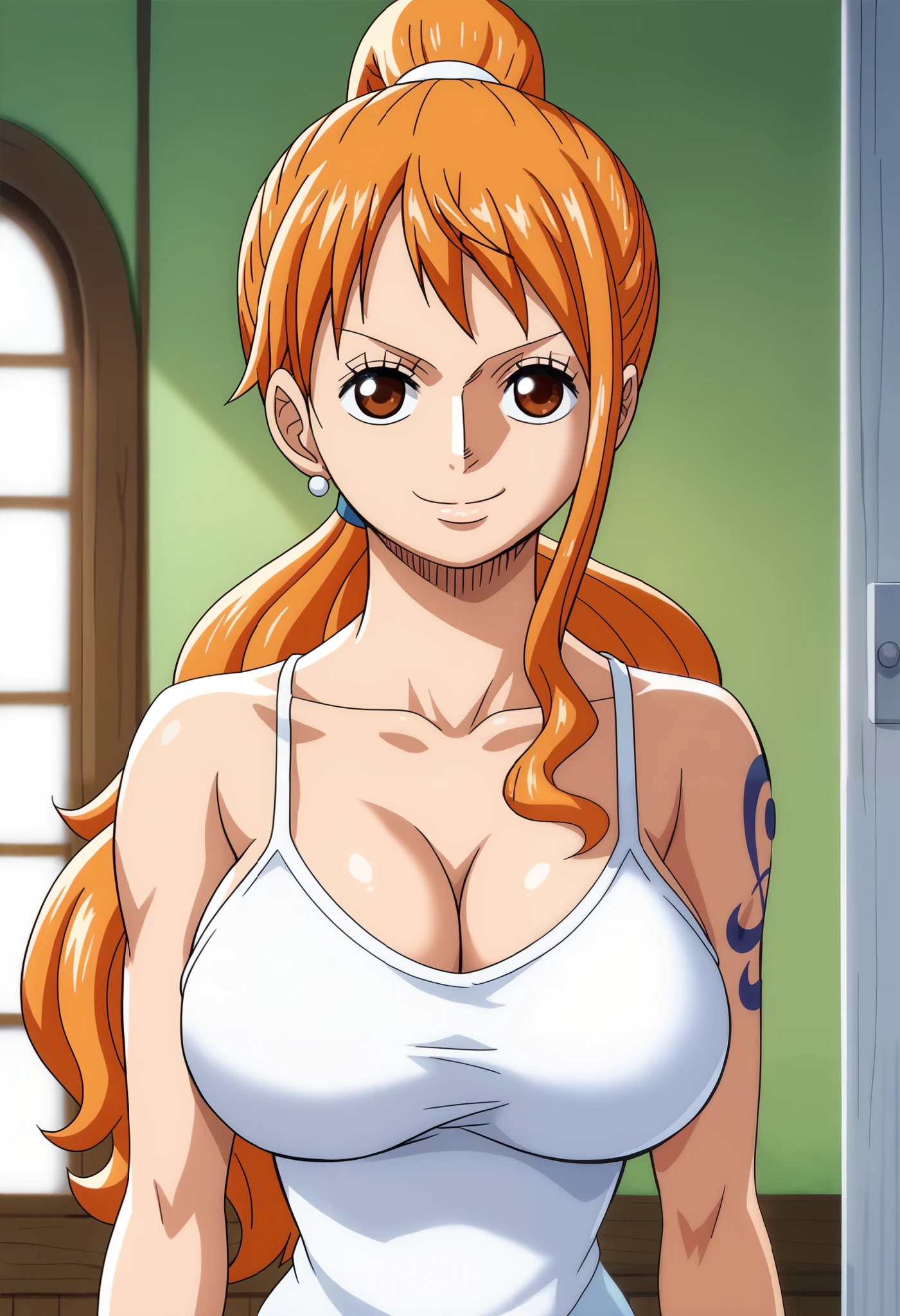 score_9_up, best quality, cowboy shot, anime_source, anime style, (SOLO:1.7), 1girl, Nami, orange hair, (white comesole:1.6), morning, (ponytail:1.7),  (serious smile:1.3), (curvy body:0.7),), (slightly looking at the viewer:1.2) (Medium breasts:1.5), jeans, (tiny biceps:1.8) 