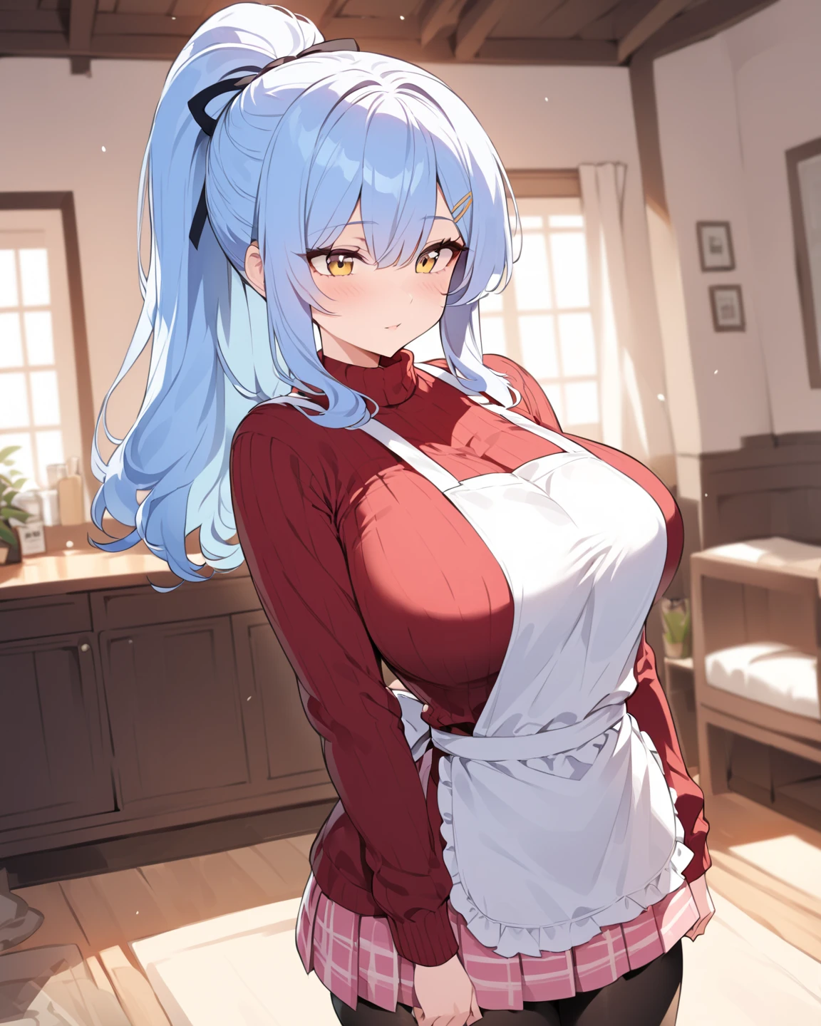 score_9, score_8_up, source_anime, 1girl, solo, KoboKanaeru, blue eyes, long hair, blue hair, colored tips, white hair, high-waist skirt, long skirt, white skirt, black shirt, long sleeves, , standing, indoors,house kitchen, (bound with an excessive amount of ropes), (bound wirsts), (arms behind back), (tapegag, tape gag), dramatic,  (looking at viewer), (detailed pupils:1.3),pencil skirt,big breast 
