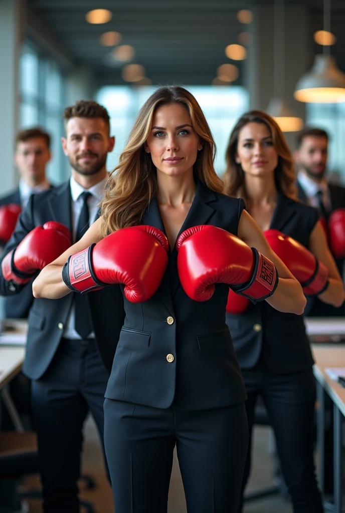 conflict boxing gloves woman in suit man in suit quarrel conference room
