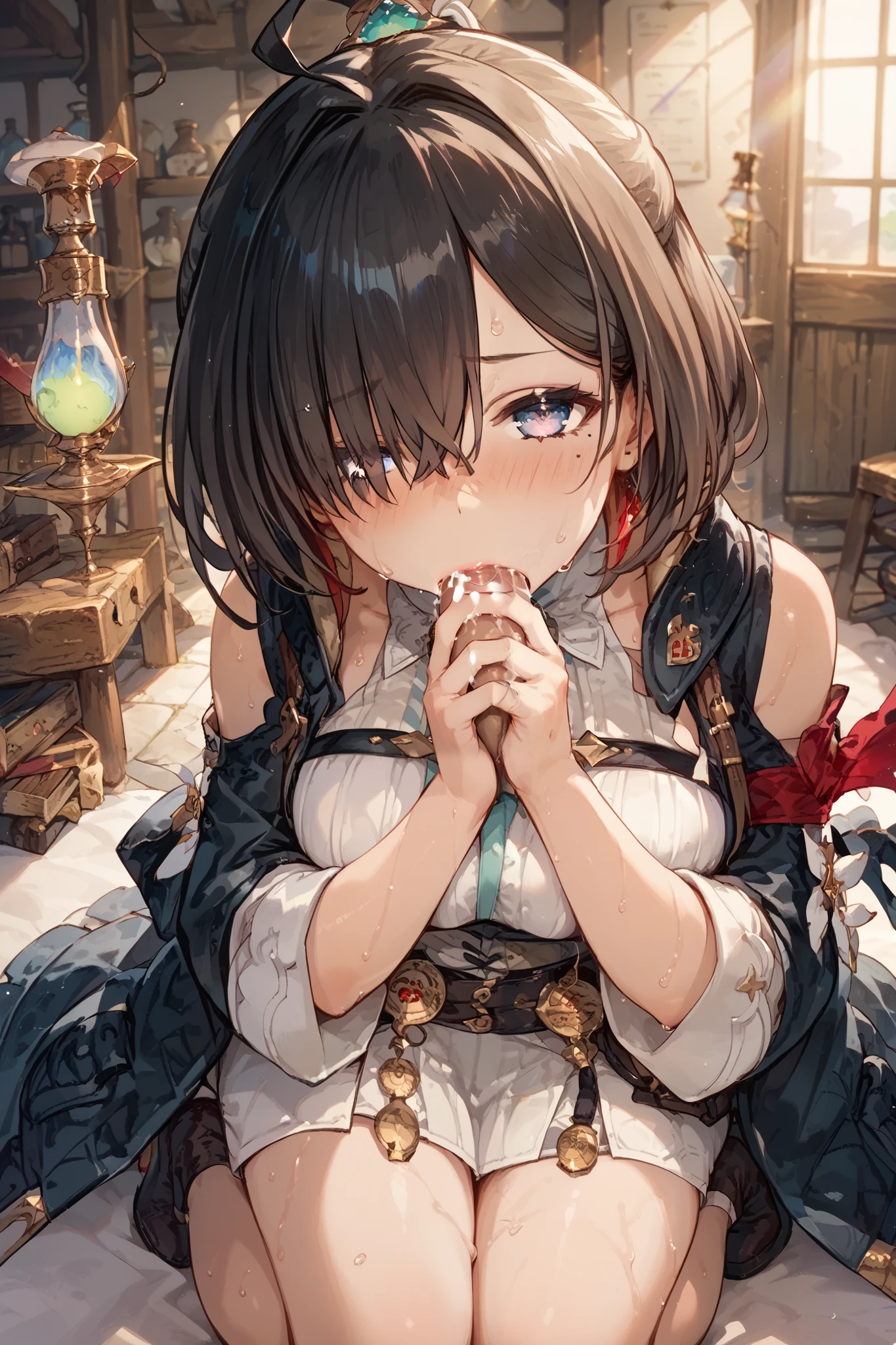 shot from directly above with bangs、hurt、 atelier 、ユミアの atelier 、with bangs to hide one eye、 Barbell Alchemist、kneel、blowjob、blush、sweat、