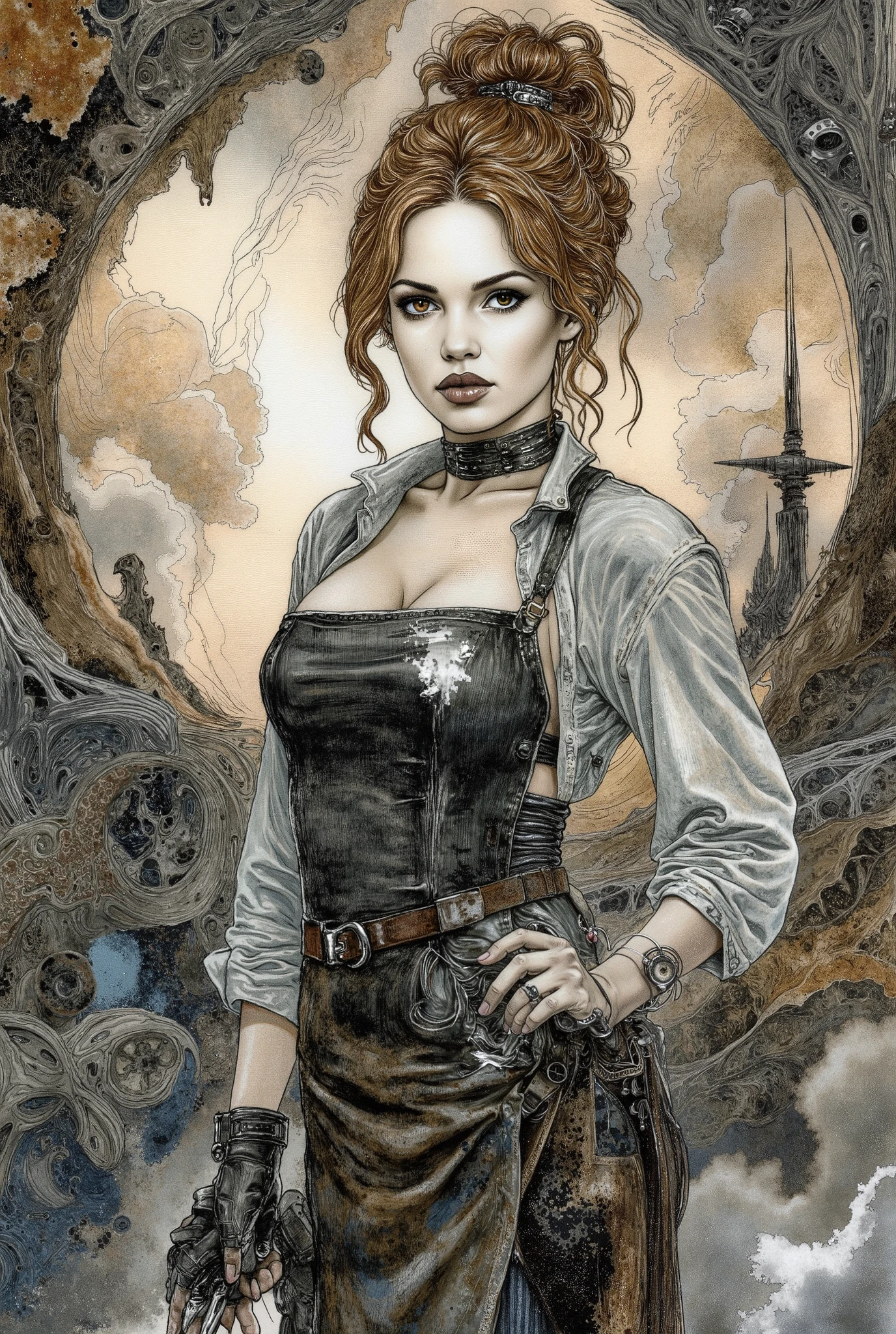 A stunning monochromatic image of a woman as a mechanic in a retro-futuristic 19th century setting. She has a thriving body, wears a revealing grease-stained apron over a sexy tailored leather jumpsuit, her sleeves rolled up to reveal strong arms. Her hair is styled in a messy bun with copper highlights, contrasting sharply with the grayscale palette. Her eyes are a piercing amber, and her lips are painted a deep burgundy. The background is filled with abstract steam and mechanical parts, blending into her form
