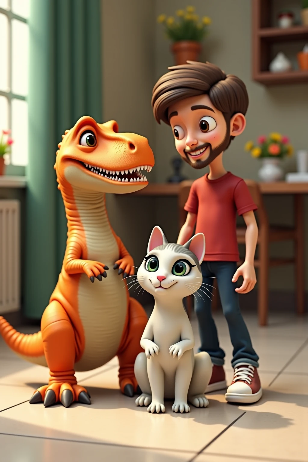 In the scene there are 4 characters, being a human, two cats , being a male orange cat and a female white cat, and a dinosaur.
A funny and unusual scene in a domestic environment. A small hyperrealistic dinosaur is a ferocious Tyrannosaurus rex.
Next to him, There are cats , Being a male and a female, the male is a very cute orange cat with short hair with brown eyes he looks forward with a surprised expression. The color of the cat's fluff is just orange.
The female cat is smaller than the male orange cat , thin-looking, elegant and expressive, with a short and well-groomed coat, predominantly white with gray spots scattered around the head, small spots on the back and tail. Her face has a symmetrical pattern, with large, rounded light gray eyes that reflect curiosity and attention. Her nose is pink and delicate, and her mustaches are long and slightly arched.
Next to hims, You are a young man of 35 years old, thin, LIKE LIGHT BROWN SKIN, normal and well-trimmed beard, with straight hair with no split cut, and dark cut on the forehead at the height of the eyebrows.. He has a confident smile and his eyes convey sympathy and confidence. Your eyebrows are well defined. His face has balanced features , with a marked jaw and a straight nose and thinner face. He wears a red shirt. The shirt has a snug fit to the body. Yours dark blue jeans are well fitted, partially covering his ankles. On the feet, he wears a pair of light casual sneakers, with white soles and a modern design.
The environment has a light tile floor, some green In the background and household objects like a vase of colorful flowers and a table with various items. The lighting is cozy , and the scene conveys a fun and creative tone.