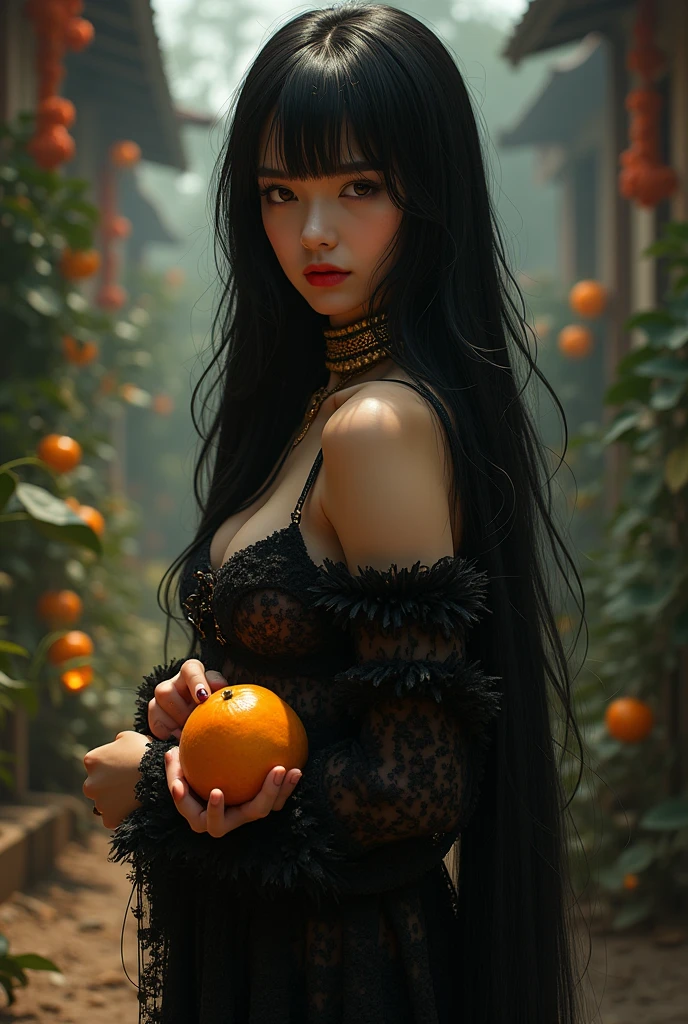tarzan, waterfall, red tree, red berries, red tentacle, naked, black hair, small breast, extremely detailed eyes, extremely detailed face, best quality, extremely detailed, one person, one girl, ultra-detailed, (realistic, photo-realistic:1.3)
