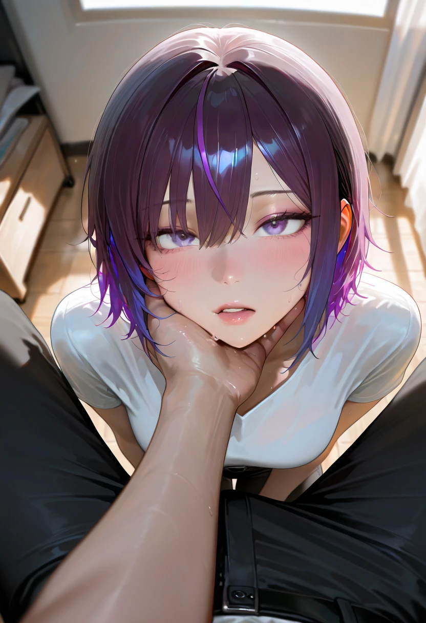 Kyoka Jiro, One girl, alone, chest, blush, short hair, bangs, Simple Background, shirt, White Background, Mouth closed, Purple eyes, clavicle, Lower Body,Purple Hair, Short sleeve, blunt bangs, avert your eyes, t-shirt, pink shirt, Long earlobes、tits、Blowjob