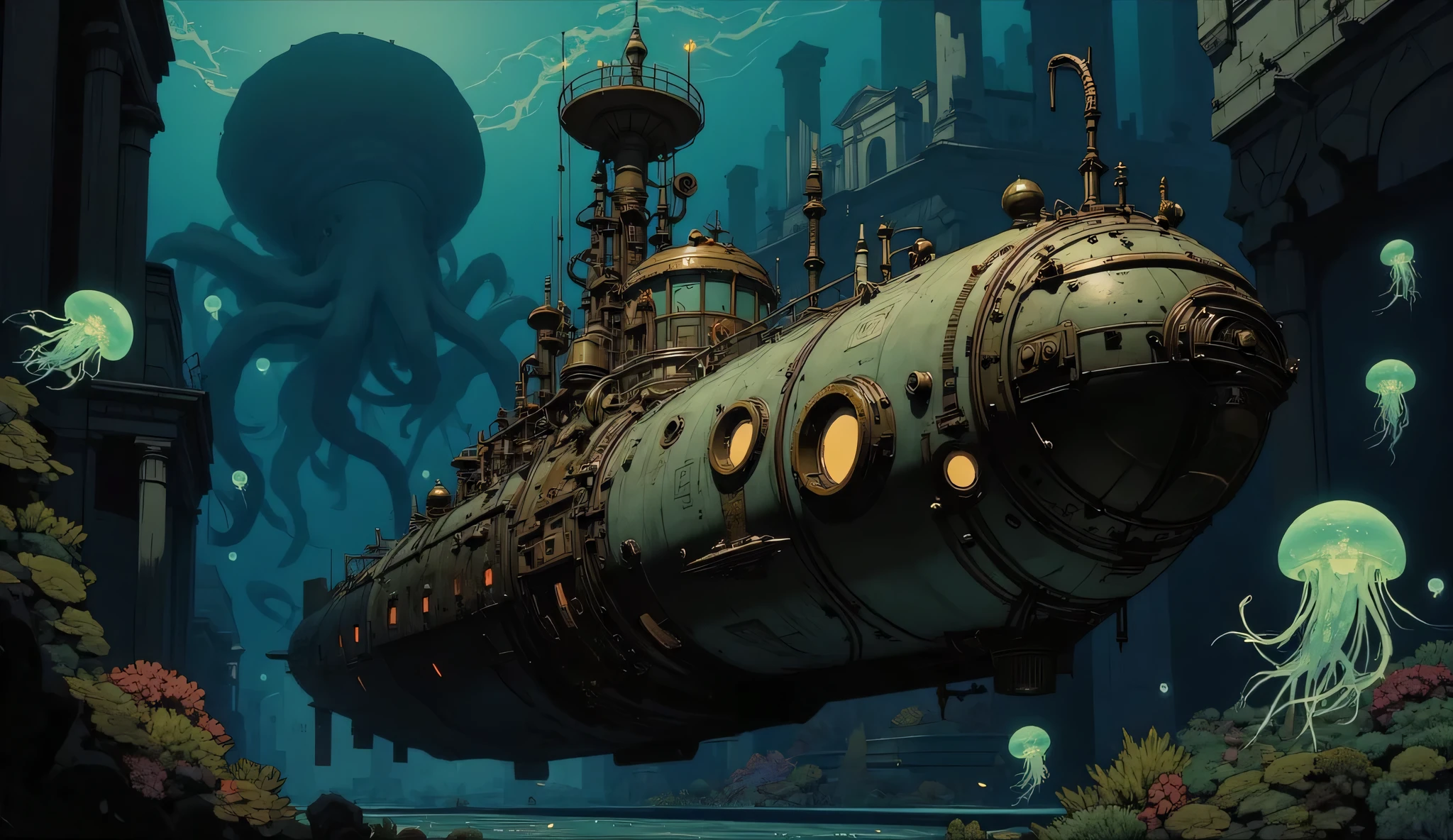 A breathtaking and dramatic deep-sea abyss scene, inspired by 20,000 Leagues Under the Sea, featuring a massive steampunk Victorian submarine lost in the crushing darkness of the ocean depths. The submarine is intricately designed, with a weathered metal hull, large glowing portholes, and industrial steampunk details such as rivets, pipes, and ornate engravings. It drifts silently through the black void, its warm golden lights casting an eerie glow into the surrounding darkness. The ocean is pitch-black, with absolutely no sunlight reaching this depth. The only sources of light are the submarine’s illuminated windows and the ghostly bioluminescence of floating jellyfish, which glow in shades of electric blue, green, and violet. These creatures pulse with an otherworldly radiance, their tendrils drifting gracefully in the water, creating a surreal contrast against the abyss. Faint outlines of ancient underwater ruins loom in the background, barely discernible in the murky depths. Remnants of Greek-style columns and sunken structures, now overtaken by coral and alien-like deep-sea growths, suggest a long-lost civilization swallowed by the ocean. Lurking in the vast darkness, a colossal shadow of a giant squid moves ominously. Its tentacles stretch toward the submarine, emerging slowly from the void. The full creature remains shrouded in obscurity, making its immense size and presence feel even more unsettling. The color palette is dark and moody, dominated by deep blues, greens, and blacks, punctuated by the warm golden glow of the submarine’s lights and the ghostly bioluminescent blues and purples of the jellyfish. The composition should be epic, cinematic, and immersive, in the painterly style of Frank Frazetta, with high detail, dramatic lighting, and a sense of mystery, isolation, and grand adventure.