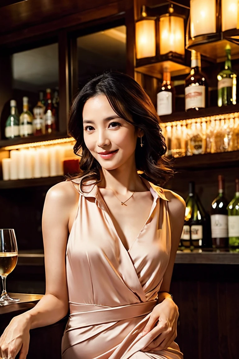 Beautiful Japan woman in her 40s、Drinking cocktails in a stylish bar:1.4), {1970s dresses:1.4}, (masterpiece, best quality:1.4), (8k, raw photo, photo realistic:1.2), detailed skin, detailed face, detailed eyes, (Wrinkles:1.3), Realistic body shape, Movie stills, Uplifting, Ideal ratio, Perfect Anatomy, smile, (whole body:1.3)