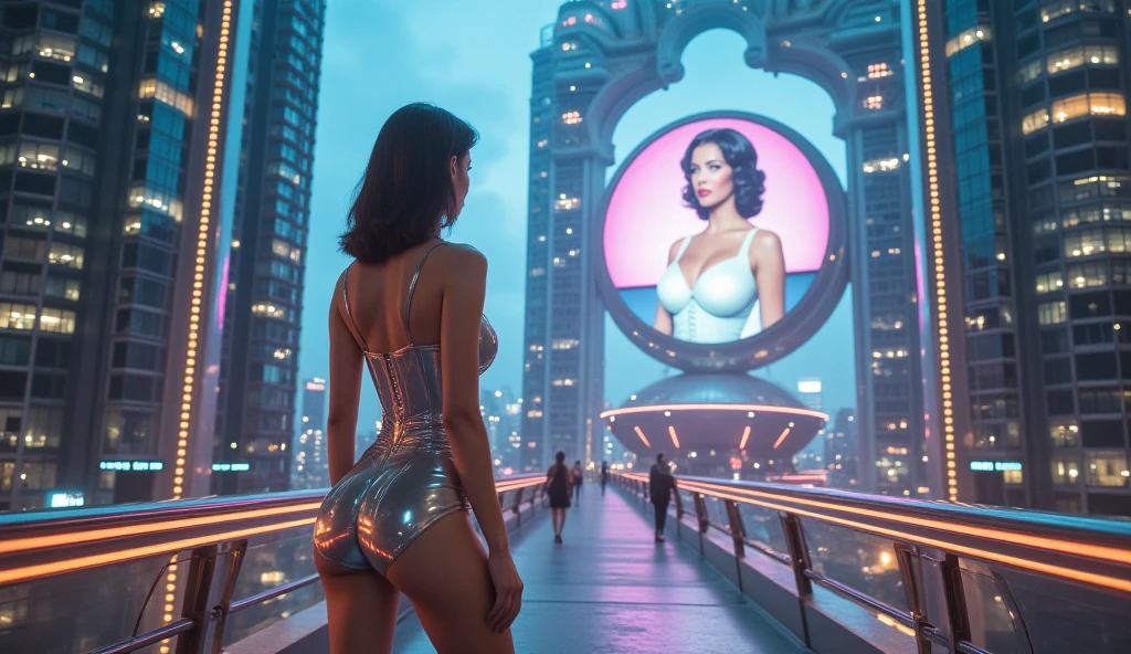 betty rubble de the flintstone, se encuentra en una terraza en bikini, observando la ciudad de coruscant de star wars, con sus inmensos edificios futuristas, (Design by Doug Chiang), intrincados detalles de la maquina de la mas alta calidad, estilo cinematografico, nitidez absoluta, imagen 8k.(obra maestra).