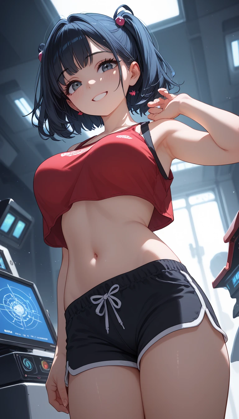 1girl, masterpiece, best quality, ultra detail, short straight black hair, pink lips, blue eyes, smiling, red cheek, looking at viewer, young, necklace, medium breasts, glasses, 5 fingers, demin shorts, standing, sports bra