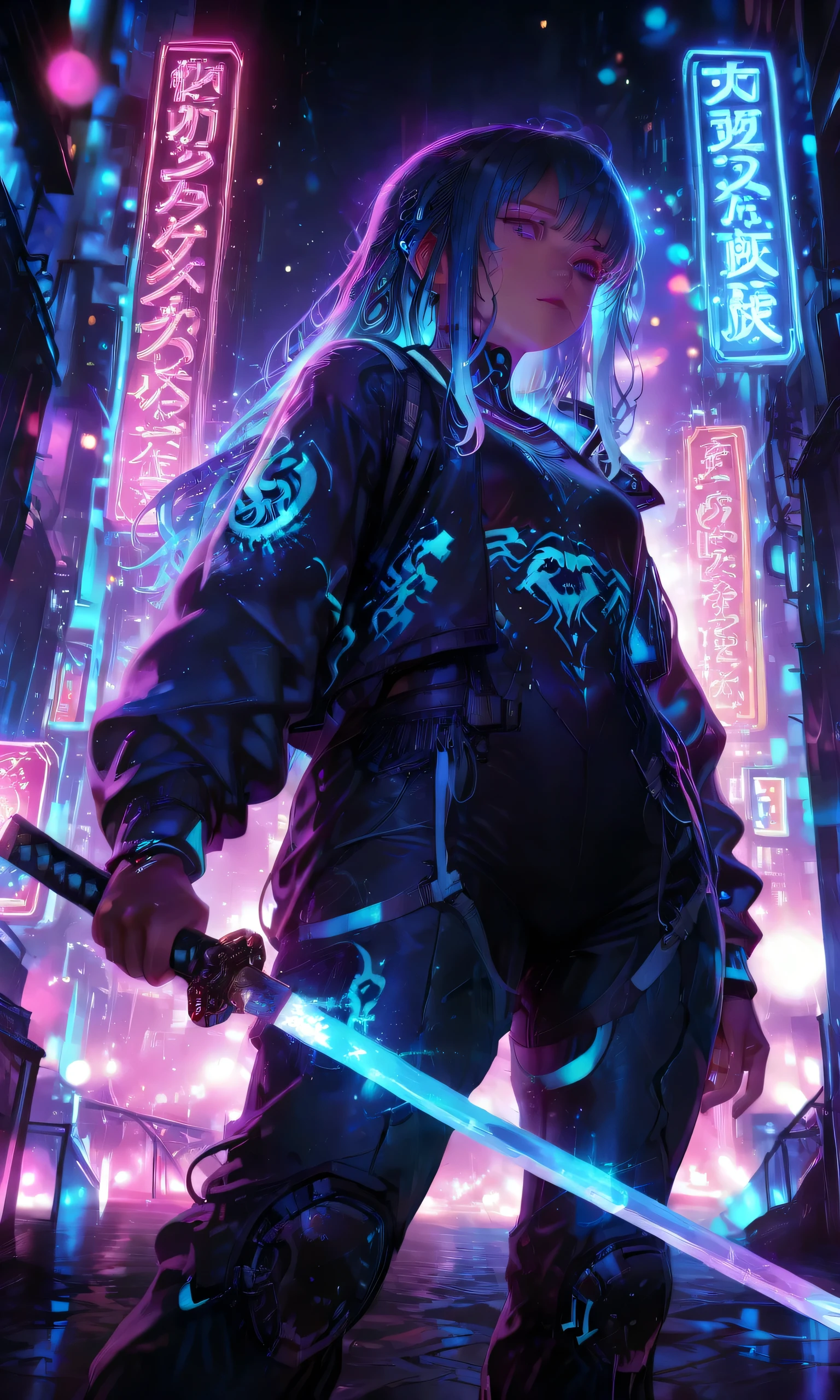 1girl, low angle view, blue radiant hair, vibrant colors, streetwear, holding wooden katana, detailed facial features, intricate hairstyle, standing in futuristic city, neon lights, cyberpunk atmosphere, dramatic lighting, cinematic composition, digital art, octane render, hyper-detailed, 8k, photorealistic, vivid colors, bokeh