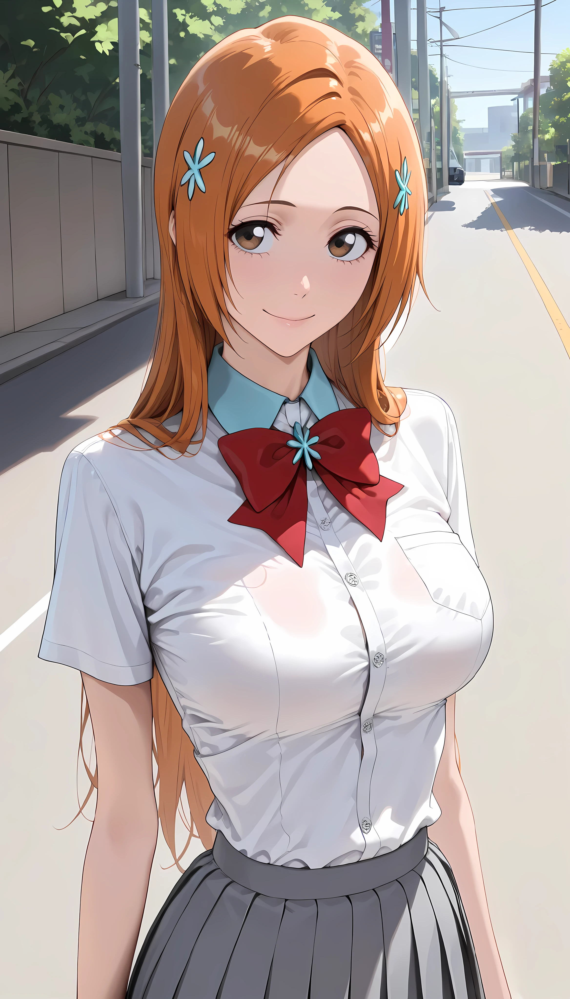 (masterpiece,best quality:1.2,amazing quality,very aesthetic,absurdres,newest,realistic),upper body,(Inoue Orihime,bleach),1woman,(adult),(very small head:1.2),medium breasts,(ideal ratio body proportions:1.2,slender body:1.3,skinny:1.2),long hair,straight hair,hairpin,smile,school uniform,white collared shirt,red bow,pleated skirt,standing,on road,morning,