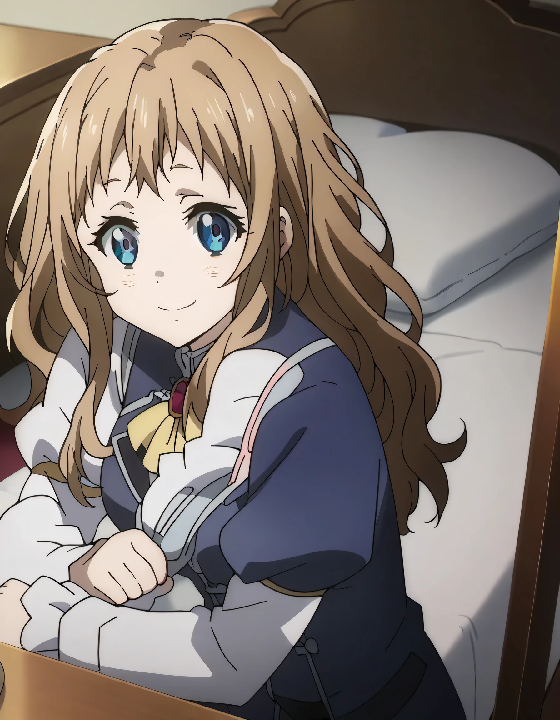 score_9, score_8_up, score_7_up, source_anime, ai shindou, ai shindou, long hair, blue eyes, brown hair, wavy hair, skirt, long sleeves, guild uniform, pleated skirt, indoors, bed, bed room, on side, smile, looking at viewer,smile, cowboy shot, dutch angle, solo,