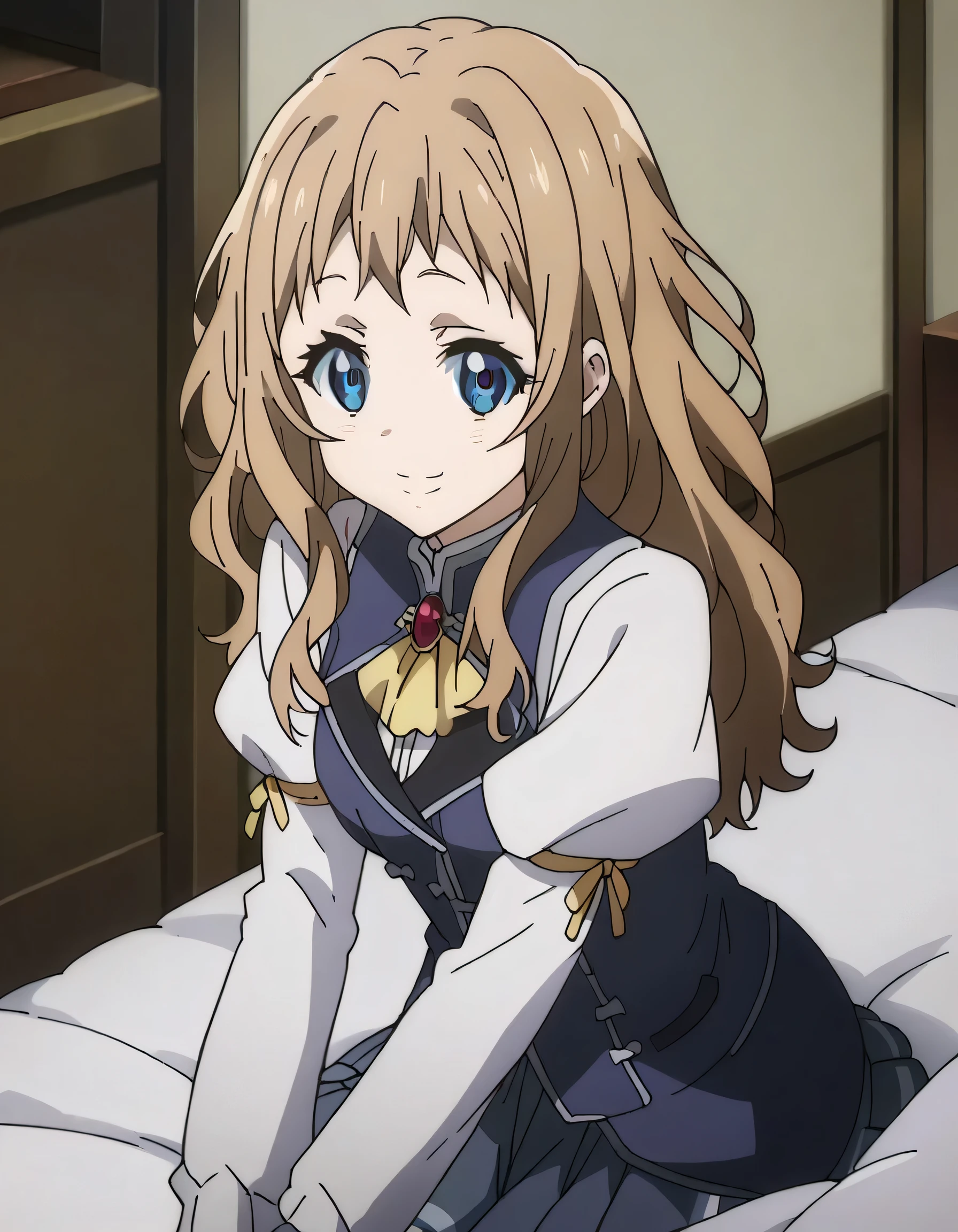 score_9, score_8_up, score_7_up, source_anime, ai shindou, ai shindou, long hair, blue eyes, brown hair, wavy hair, skirt, long sleeves, guild uniform, pleated skirt, indoors, bed, bed room, on side, smile, looking at viewer,smile, cowboy shot, dutch angle, solo,