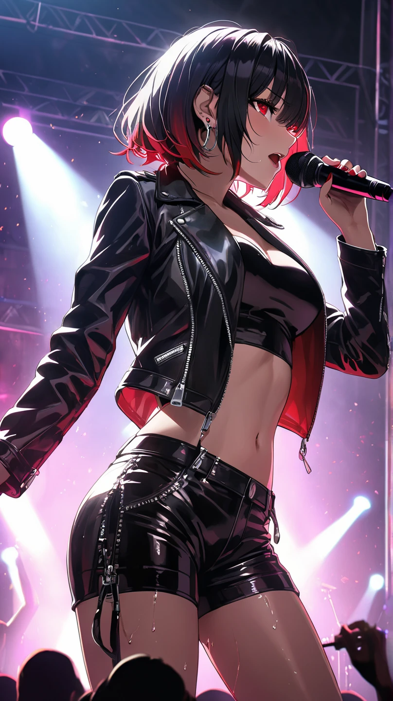 punk girl, topless, open vest, midriff, jean shorts, stud choker,  crisp, clear, detailed skin, messy red bob, rock show, singing, stage lights, photograph, realistic, (realistic face:1.3), telephoto, audience, backlit, portrait, concentration, looking up, mic stand