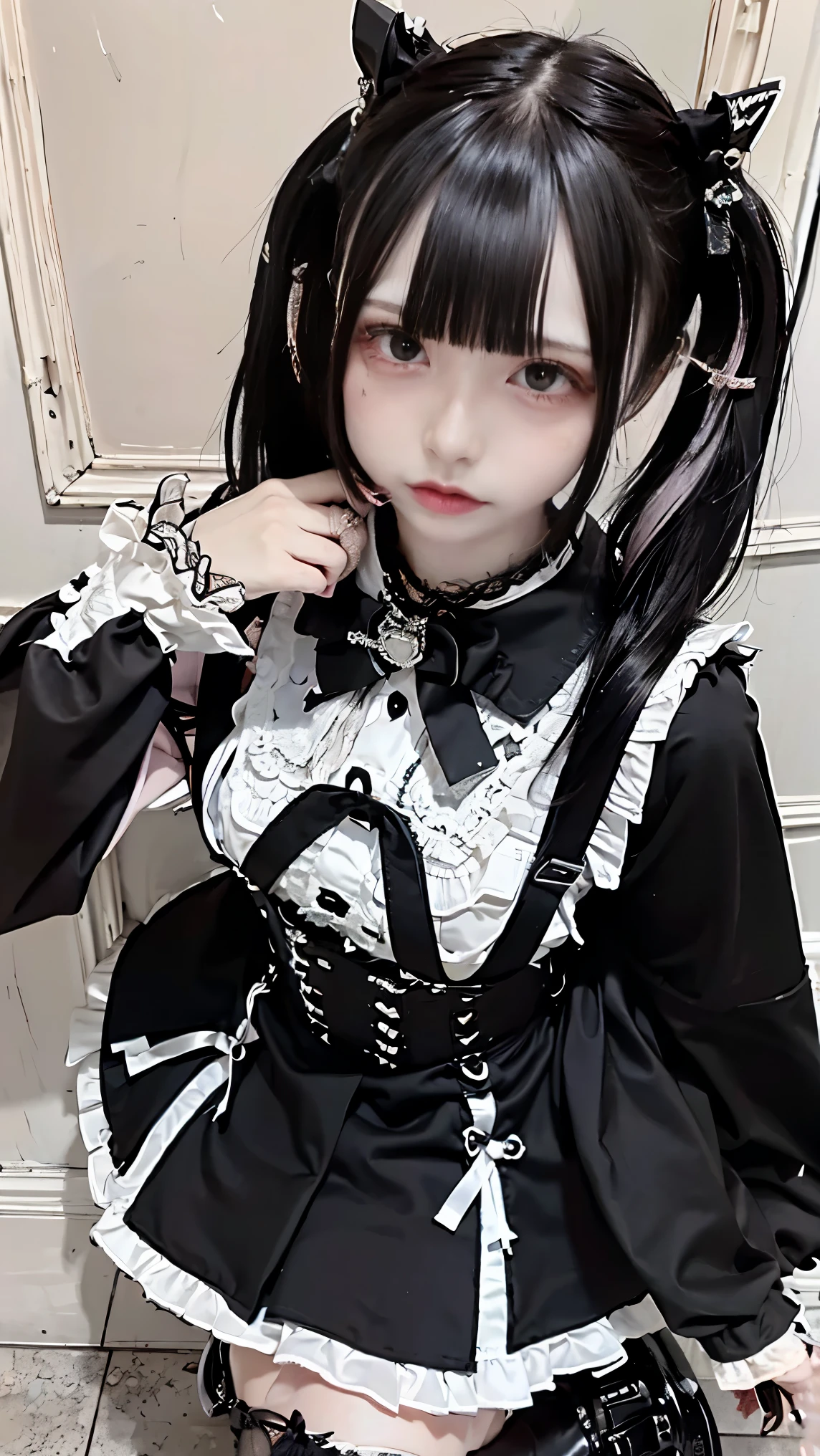 realistic,photorealistic,Highest quality,masterpiece,High Resolution,8k,RAW photo,超High Resolution,1 girl,Alone,smile, black hair,twin tails from above,watching viewers,full body, mine system attire, mine system, shirt,pink shirt,skirt,black skirt,suspenders,suspender skirt, Long Sleeve,frills,rope,bow,bowtie,black knee high,black shoes, platform shoes ,hair ornaments close to the garden,hair bow,Simple Grey Background,