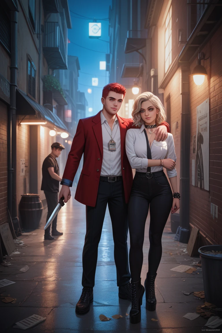 Dual lens，rear angle，full bodyesbian，'s（Pulisic，Arafeld man in suit and tie，Histria，Blonde hair woman in red leather jacket，Pulisic had a gun in his hand，Pointing at Histria's head，Histria was crying，Pulisic roared with his mouth wide open），（the roof，rays of sunshine，blue-sky，baiyun）（Masterpiece，Best quality：1.2），well-groomed model，high quality portrait，photorealistic painting art by midjourney and greg rutkowski