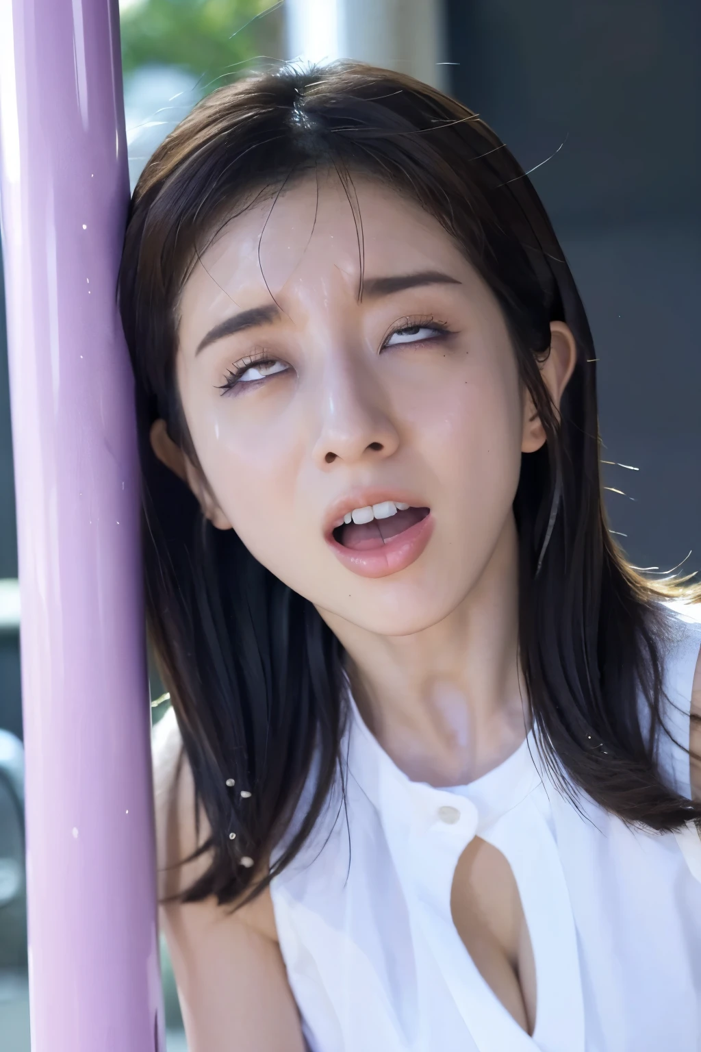 Close-up of face, (lean against a pole:1.5), ( top quality, masterpiece:1.2), highly detailed , high res, 8k Wallpaper, perfect dynamic composition, Eyes with Attention to Details , look up at the sky, summer trend fashion, open mouth, licking, gape mouth, She squints her eyes, (orgasm face:1.5), (Woman with open mouth and narrowed eyes, deep acme: 1.1), Surrounded by people, 20 years old, cute Japanese woman, sexy style ,in a busy city, Tokyo , camera sexy shot, summer fashion ,Summer clothes, see-through