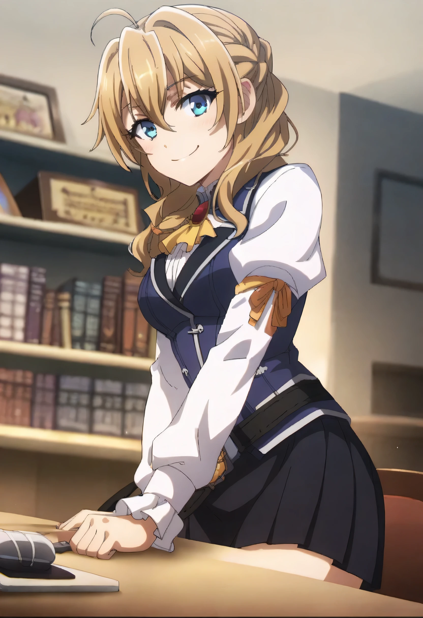 score_9, score_8_up, score_7_up, source_anime, ai shindou, ai shindou, long hair, blue eyes, brown hair, wavy hair, skirt, long sleeves, guild uniform, pleated skirt, indoors, counter, reception room, on side, smile, looking at viewer,smile, cowboy shot, dutch angle, solo,