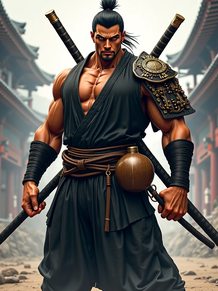 Black blindfold,Brown Skin,Fangs in the mouth,With a giant sword,Male monster,Bandaged hand,samurai,Japanese style、muscle,(Surrealism 1.4),(translucent,Reflex muscles),Japanese,Background Night