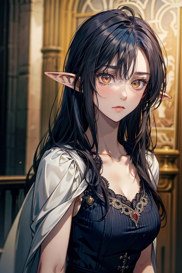 emo_hairstyle, (piercings), (black necktie), ((long hair)), ((straight hair)), (((black hair))), side swept bangs, white skin, pale, white, (green eye), tired expression, choker, ((dark makeup, mascara, eyeshadow)), multiple piercings, best quality, 8k, dark laboratory, dim lighting, white shirt, erotic, slytherin, black and white robes, (small breasts, cleavage, strap gap, leaning forward, hanging breasts), hogwarts robes. (((small breasts)))