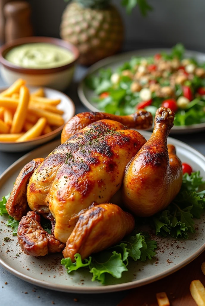 Closeup photo  of a whole living chicken, deep-fried,is sitting on a plate with french fries.l, natural light