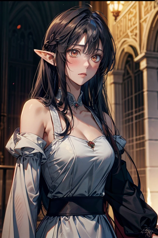 (masterpiece, best quality:1.2), (detailed skin, skin texture), best quality, ((intricate detail:1.2)), highres, black outline, anime screencap,
1girl, elf, perfect face, perfect eyes, alternate breast size, red eyes, black hair, short hair, twintails, straight hair, from below, looking away, on side,on back, closed mouth, (glowing eyes:1.2)
breasts, castle, fantasy, heart, thighhighs, thick thighs, skindentation, see-through, jewelry, beautiful night scenery, night sky, star \(sky\), fantasy castle, village, mountainous horizon, collarbone, skindentation, close-up, upper body, light freckles, game cg,, (masterpiece:1.2, best quality:1.2, beautiful, high quality, highres:1.1, aesthetic), extremely detailed, 4K, HDR, ((ultra detailed)), ((intricate detail)),