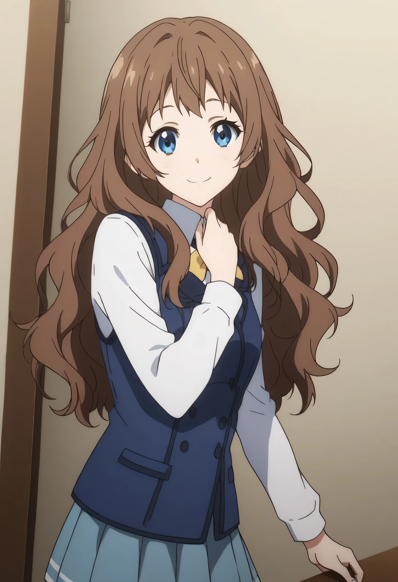 score_9, score_8_up, score_7_up, source_anime, ai shindou, ai shindou, long hair, blue eyes, brown hair, wavy hair, skirt, long sleeves, guild uniform, pleated skirt, indoors, counter, reception room, on side, smile, looking at viewer,smile, cowboy shot, dutch angle, solo